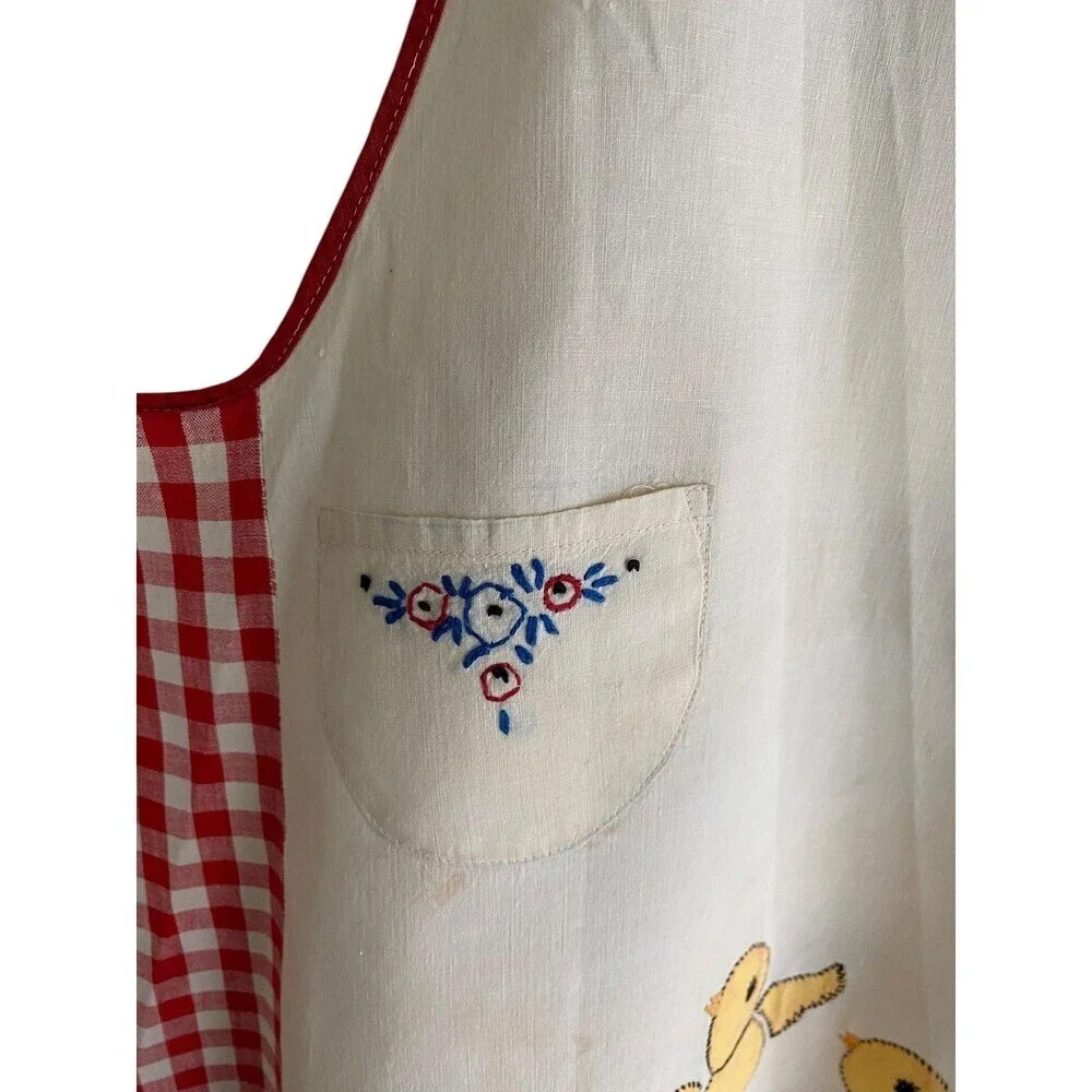 Vintage Apron Girl's One Size Red Check Ruffle Chick Embroidered